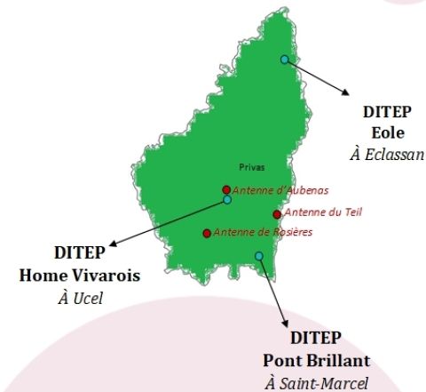 Carte Ardèche - Lieu des DITEP et les antennes